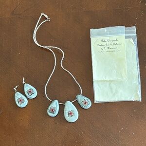 Silver and Red Pendant Necklace and Earring Set by G. Macomson